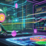 Ilustrasi futuristik kecerdasan buatan menganalisis pola data permainan online dengan elemen visual dunia game PG Soft seperti mahjong, kucing keberuntungan, kuil Aztec, dan kerajaan permen, bergaya modern dan penuh cahaya data.