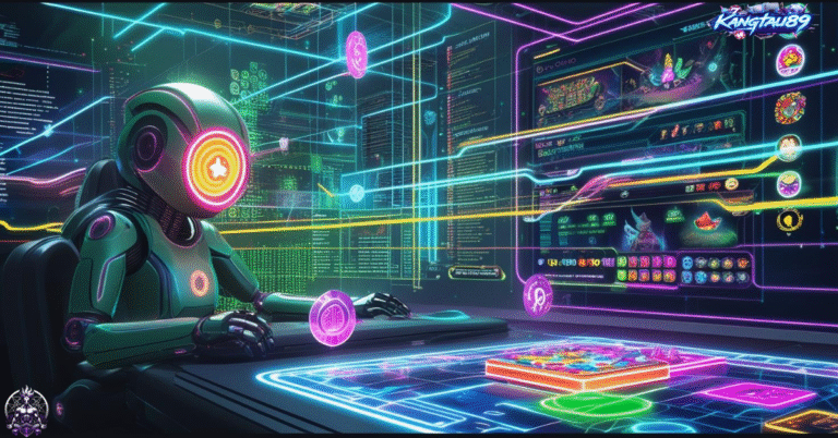 Ilustrasi futuristik kecerdasan buatan menganalisis pola data permainan online dengan elemen visual dunia game PG Soft seperti mahjong, kucing keberuntungan, kuil Aztec, dan kerajaan permen, bergaya modern dan penuh cahaya data.