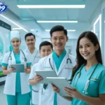 Rumah sakit modern dengan teknologi AI, dokter dan perawat, keluarga Indonesia sehat, suasana futuristik, branding Kangtau89.