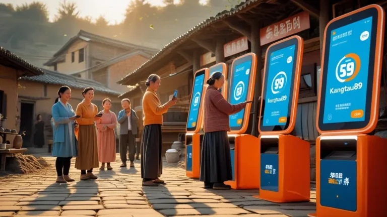 Desa dengan kios digital, warga pakai smartphone, perpaduan modern dan tradisi, logo Kangtau89