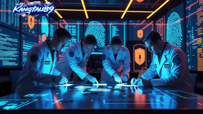 Laboratorium forensik digital modern, investigator profesional, kode digital, aksen biru-oranye, Kangtau89