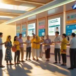 Warga masyarakat Indonesia tersenyum menerima layanan publik gratis di pusat layanan modern yang futuristik dengan nuansa digital dan suasana positif, logo Kangtau89 tampak di latar.