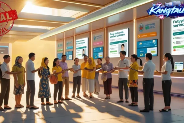 Warga masyarakat Indonesia tersenyum menerima layanan publik gratis di pusat layanan modern yang futuristik dengan nuansa digital dan suasana positif, logo Kangtau89 tampak di latar.