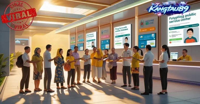 Warga masyarakat Indonesia tersenyum menerima layanan publik gratis di pusat layanan modern yang futuristik dengan nuansa digital dan suasana positif, logo Kangtau89 tampak di latar.