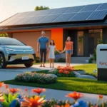 Rumah modern dengan panel surya, keluarga bahagia, teknologi hijau, nuansa pagi, branding Kangtau89