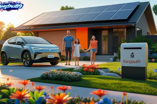 Rumah modern dengan panel surya, keluarga bahagia, teknologi hijau, nuansa pagi, branding Kangtau89