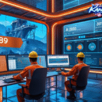 Tambang modern dengan ruang kendali transparan, dashboard data, suasana bersih, nuansa anti-korupsi, logo Kangtau89.