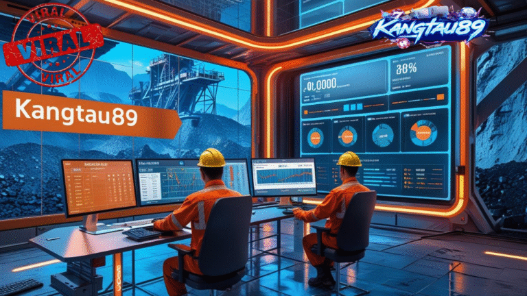 Tambang modern dengan ruang kendali transparan, dashboard data, suasana bersih, nuansa anti-korupsi, logo Kangtau89.