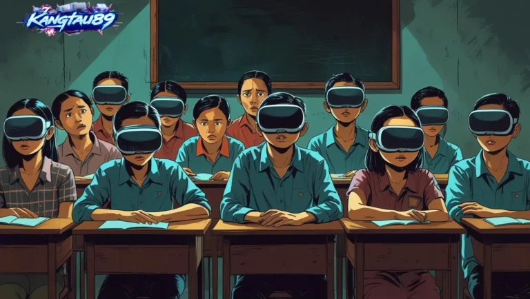 Siswa Indonesia memakai headset VR di kelas, ekspresi skeptis dan bingung, papan tulis tradisional -title: Ilustrasi Siswa Skeptis Pakai Headset VR